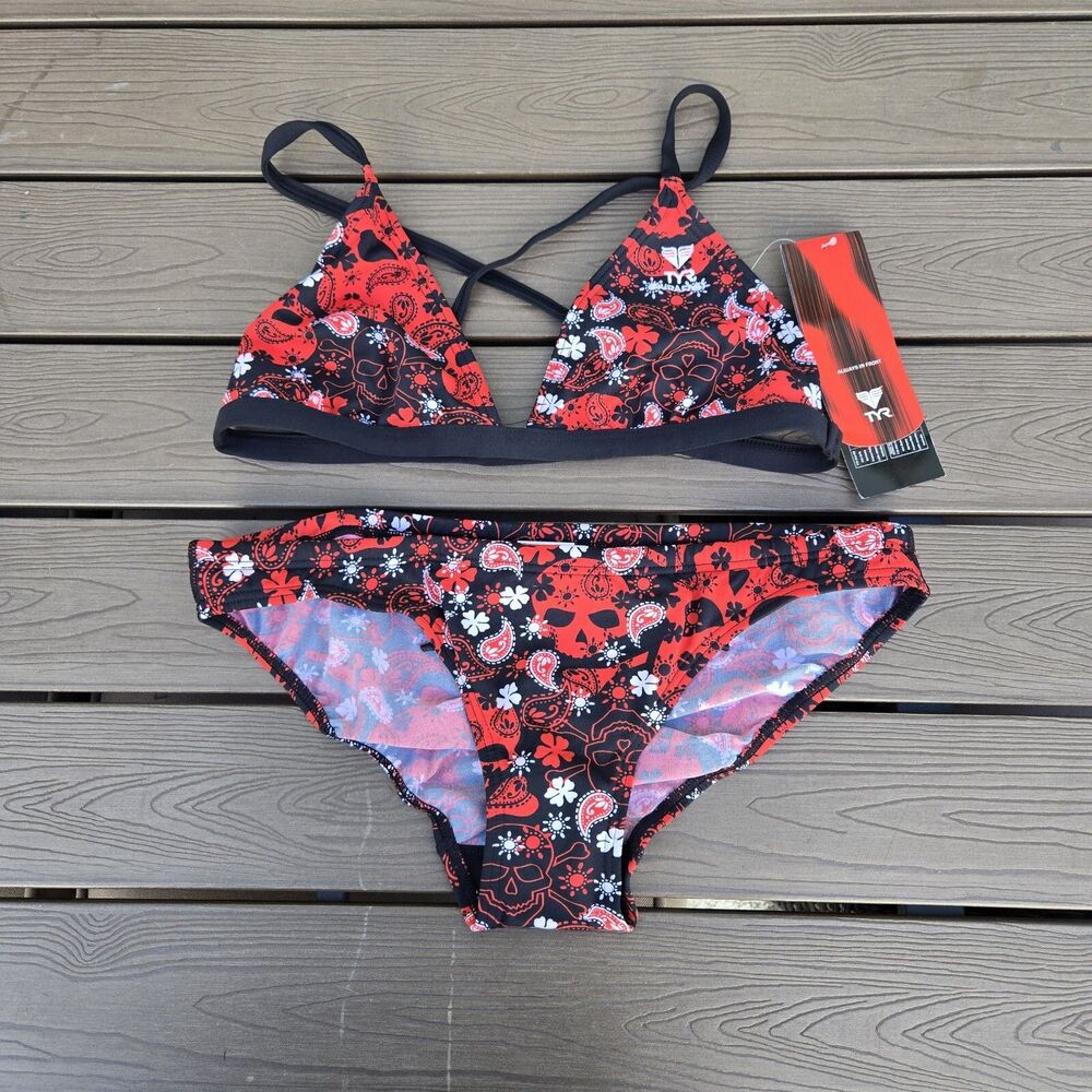 TYR Women Durafast Rockstar Red Skull Triangle top Workout Bikini Size XL NEW